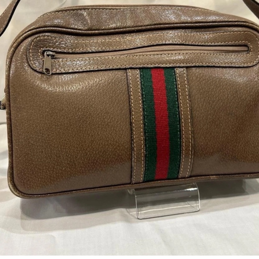 Gucci Tan Leather Shoulder Bag with Green and Red Stripe